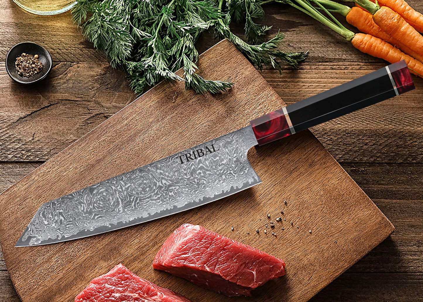 TRIBAL RED & BLACK RESIN DAMASCUS CHEF KNIFE