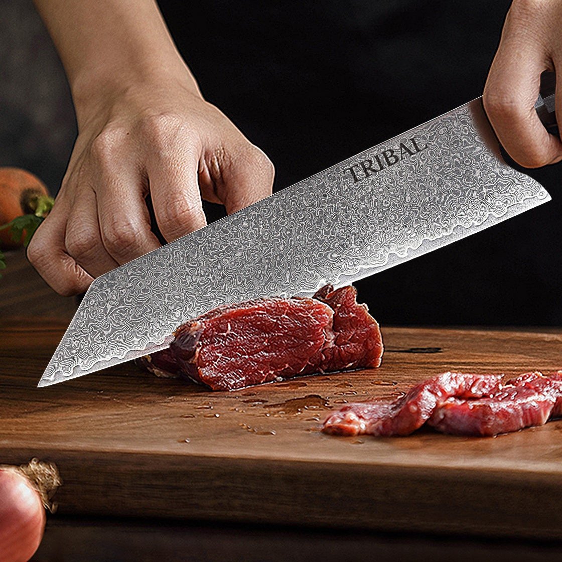 TRIBAL DAMASCUS OLIVE WOOD HANDLE CHEF KNIFE