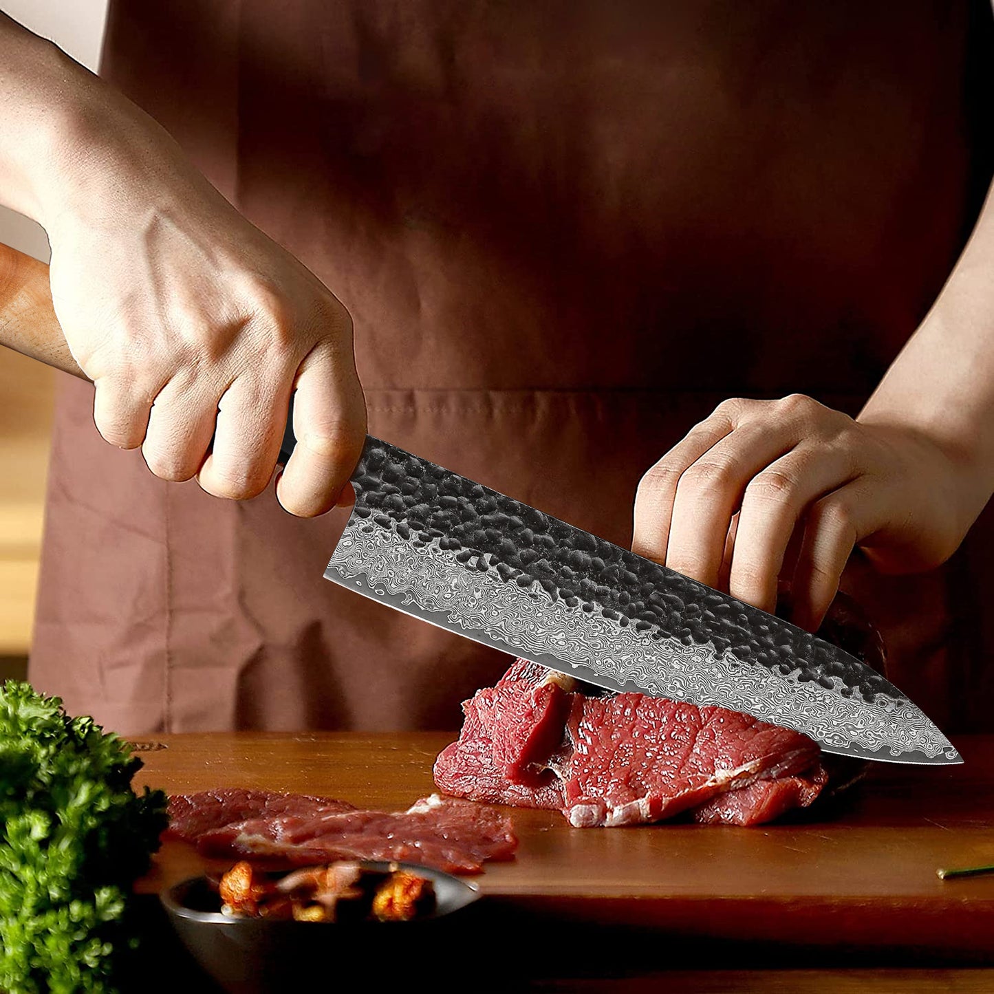 TRIBAL DAMASCUS OLIVE WOOD CHEF KNIFE