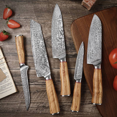 TRIBAL OLIVE WOOD DAMASCUS KNIFE SET