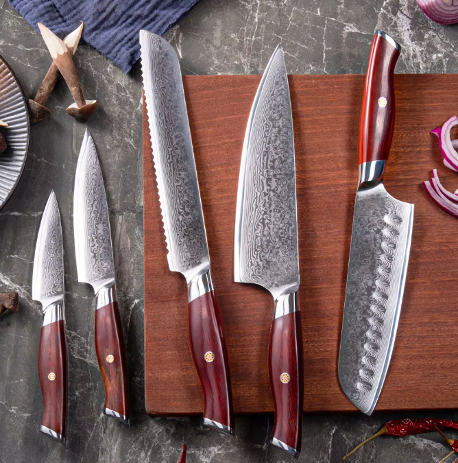 TRIBAL ROSE WOOD DAMASCUS KNIFE SET