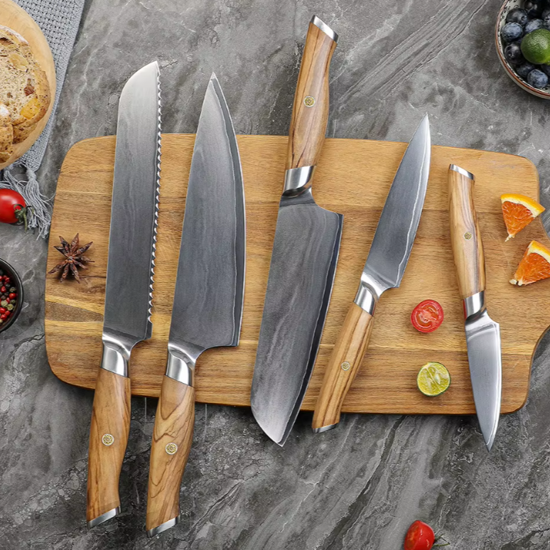 TRIBAL NATURE OLIVE WOOD DAMASCUS KNIFE SET