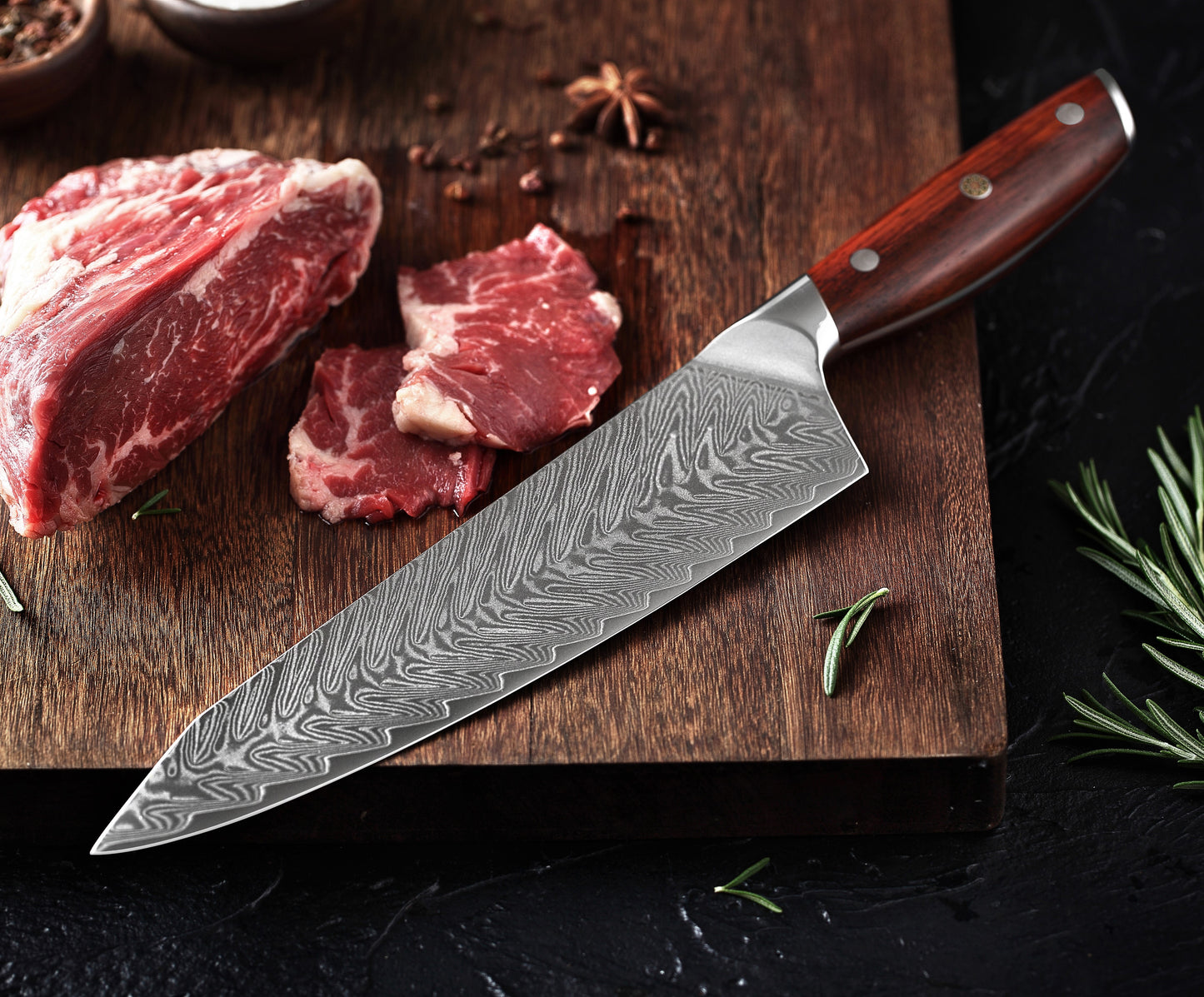 Tribal Damascus Chef Knife Rose Wood