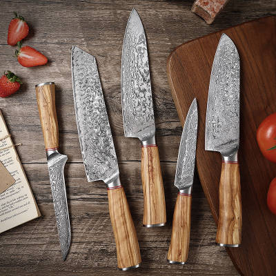 Tribal Damascus Knife Set 5 PCS Dark Olive Wood