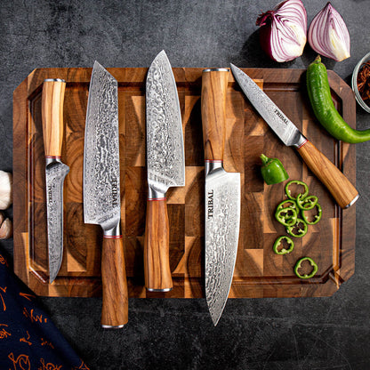 TRIBAL OLIVE WOOD DAMASCUS KNIFE SET
