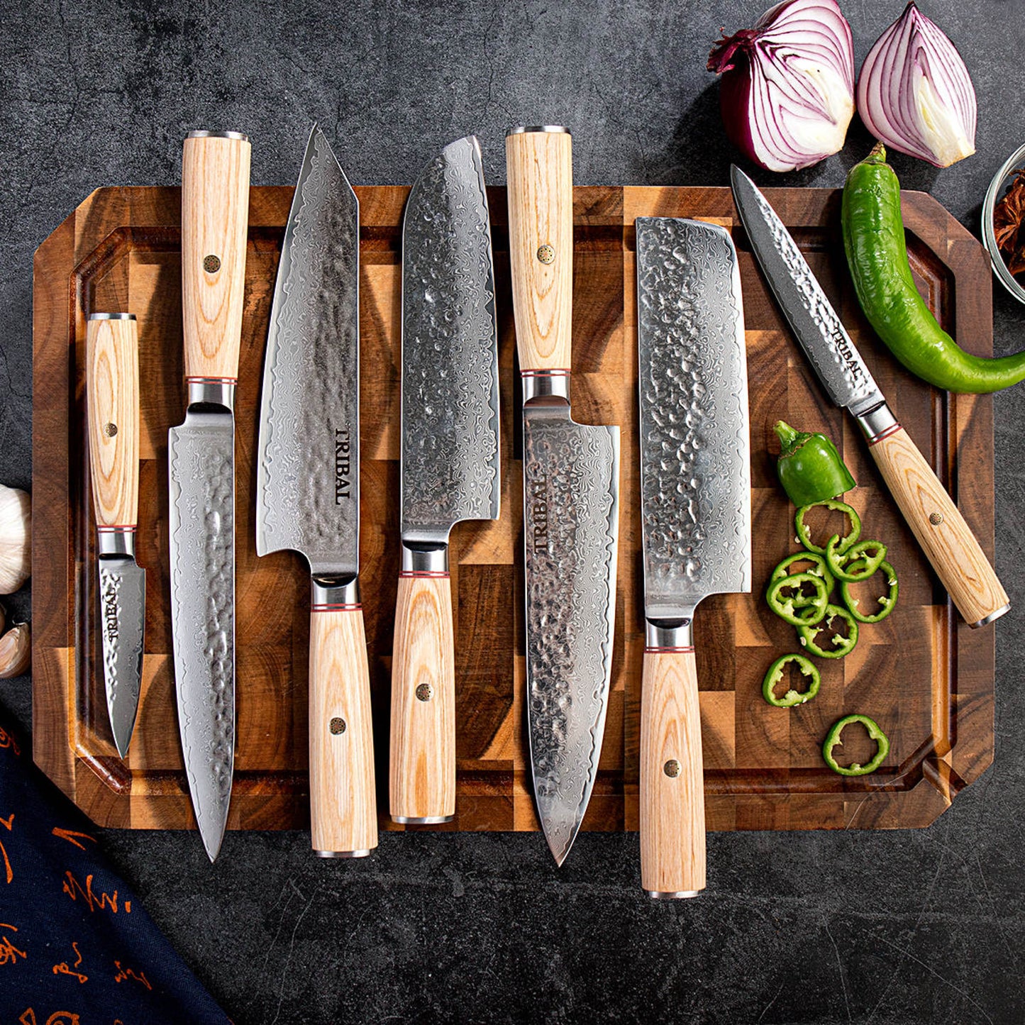 TRIBAL PAKKA WOOD DAMASCUS KNIFE SET
