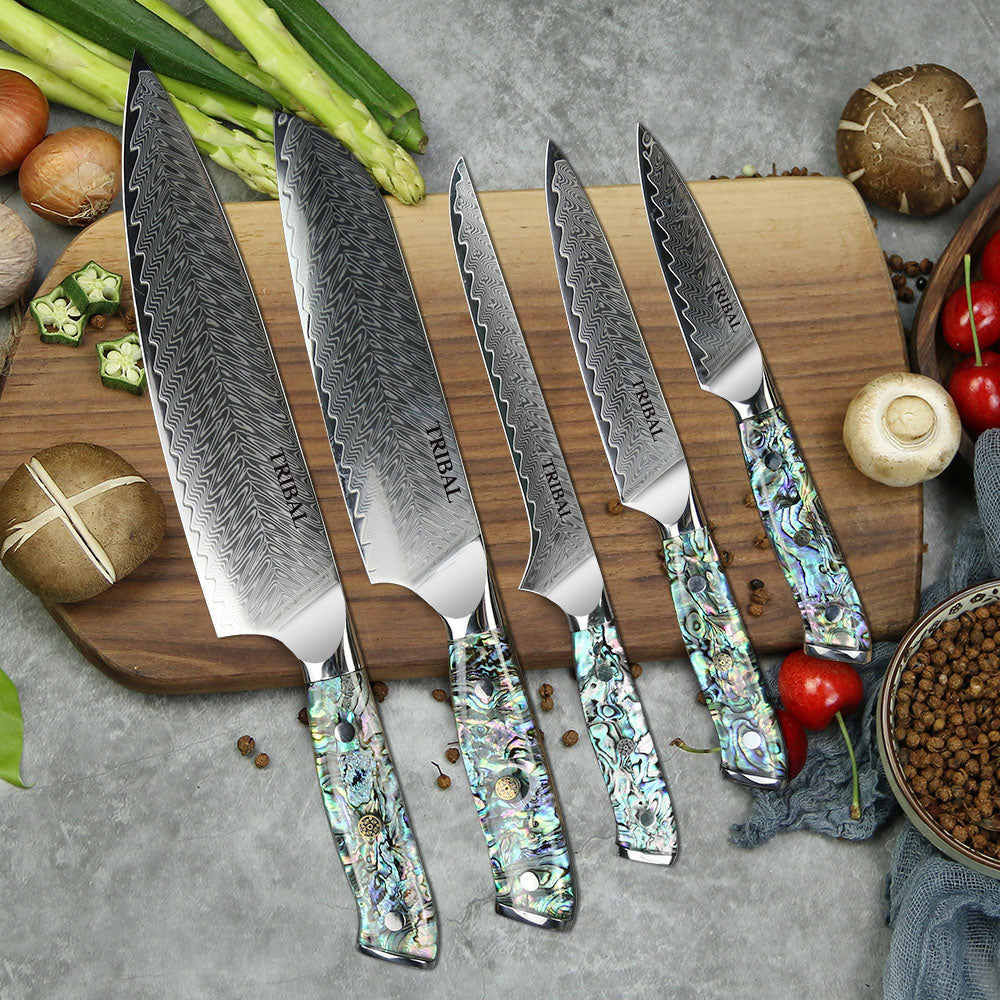 TRIBAL ABALONE HANDLE DAMASCUS STEEL 5 PCS SET