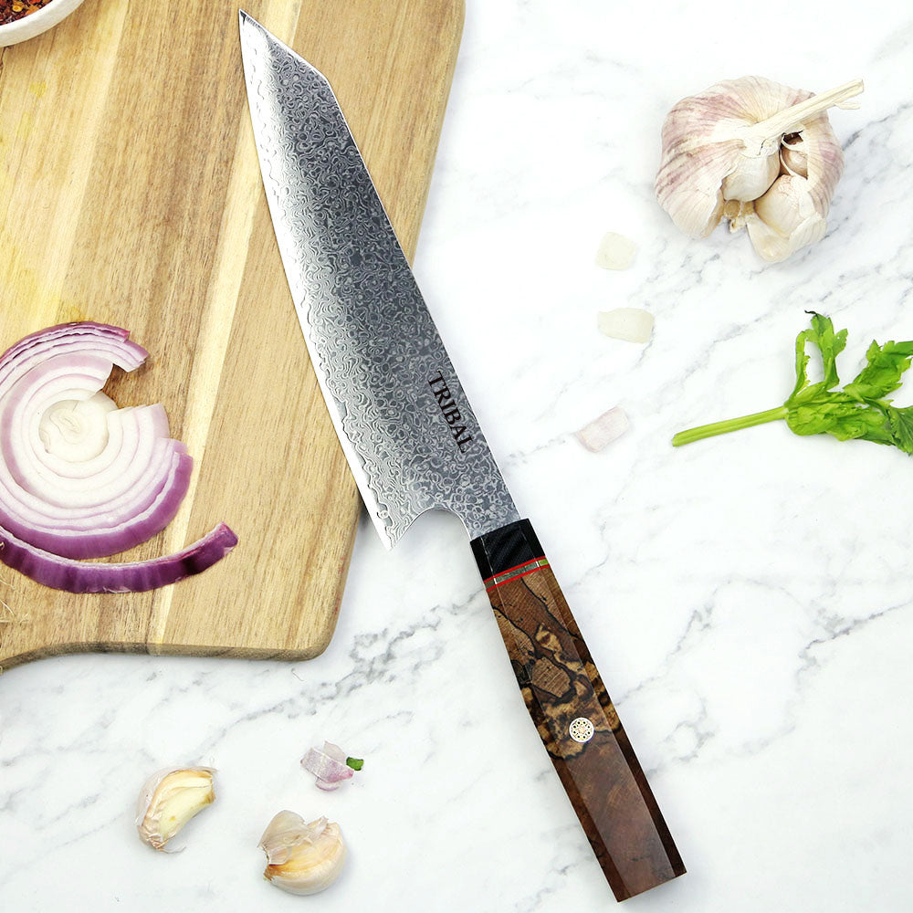 Tribal Kiritsuke Dip Wood Damascus Knife