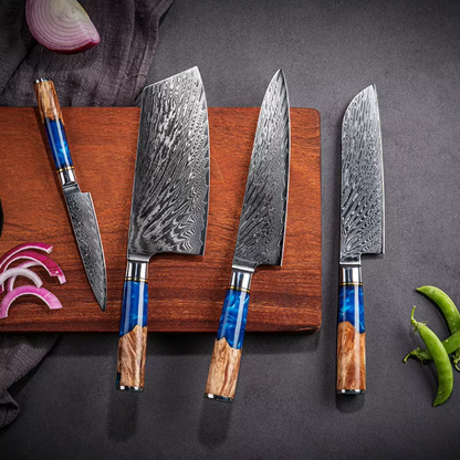 TRIBAL BLUE RESIN DAMASCUS KNIFE SET
